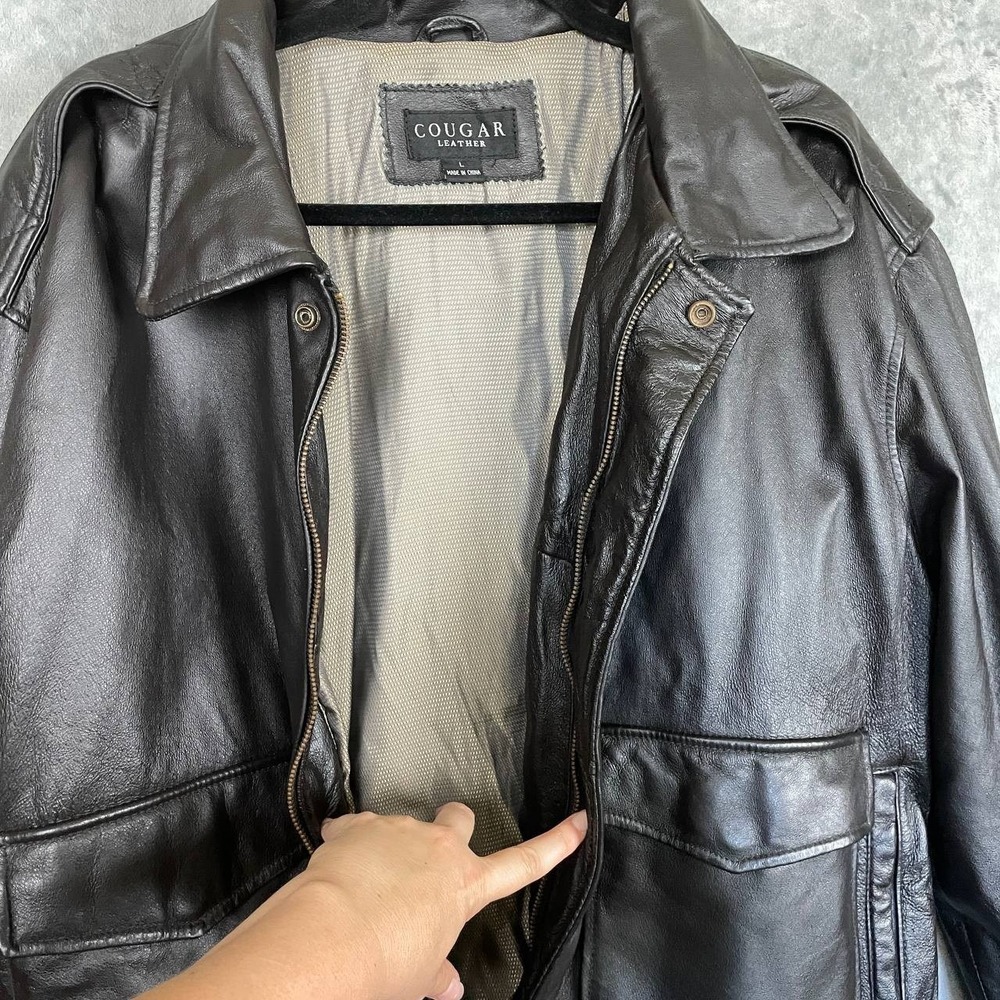 Men's Black Leather Bomber Flight Aviator Jacket Large - Picture 10 of 10